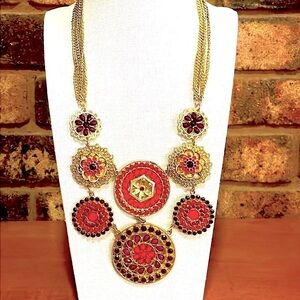 Vintage Red, Purple and Gold tone 5 Strand Statement Necklace.